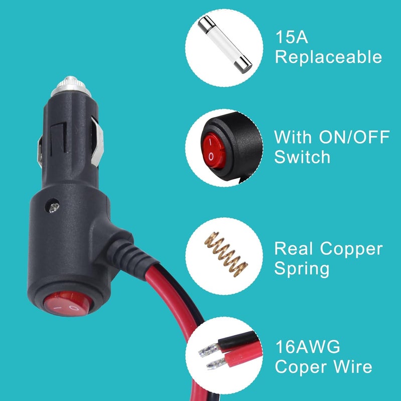 SPARKING 12Volt Replacement Cigarette Lighter Male Plug with On Off Switch - 2FT 12V Fused 15amp Cigarette Male Plug with 16gauge Leads, 12V DC Car Plug for Car Cooler,Cb Radio, Air Compressor[2PACK] - Image 5